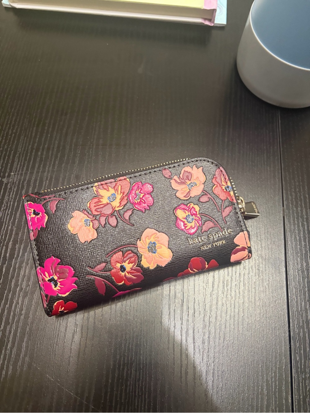 kate spade black floral wallet with pink and peach blooms
